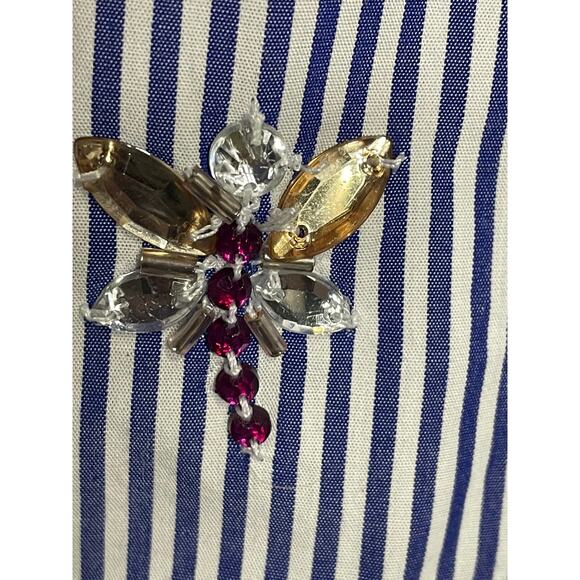 Talbots striped button down blouse rhinestone flowers and insect hand beaded. M - Picture 7 of 11
